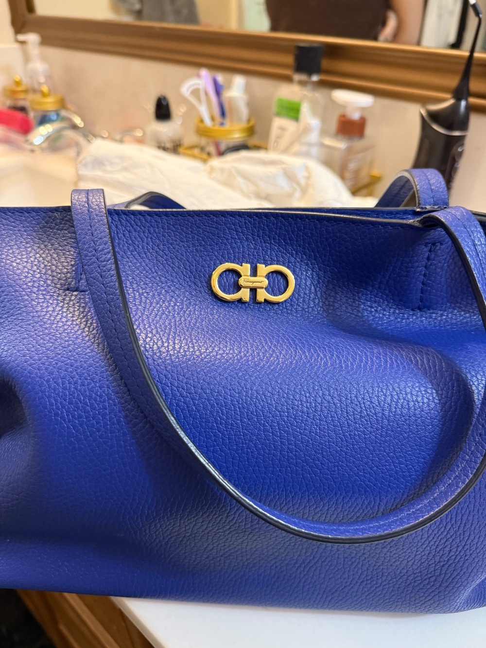 Salvatore Ferragamo Blue Pebbled Leather Shoulder Bag with Gold Gancini